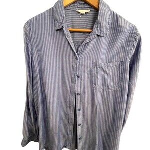 BeachLunchLounge Shirt Blouse Womens L Blue/White Pinstripe Button-Up LS